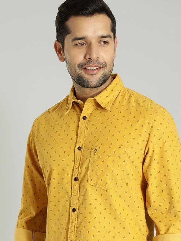 Indian Terrain Men's Slim Fit Full Sleeve All Over Print Yellow Shirt
